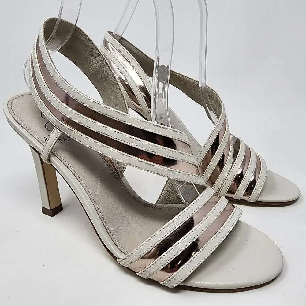 Adrianna Papell Edison Heel 6.5M Strappy Cream Leather Rose Gold Metallic Stripe
